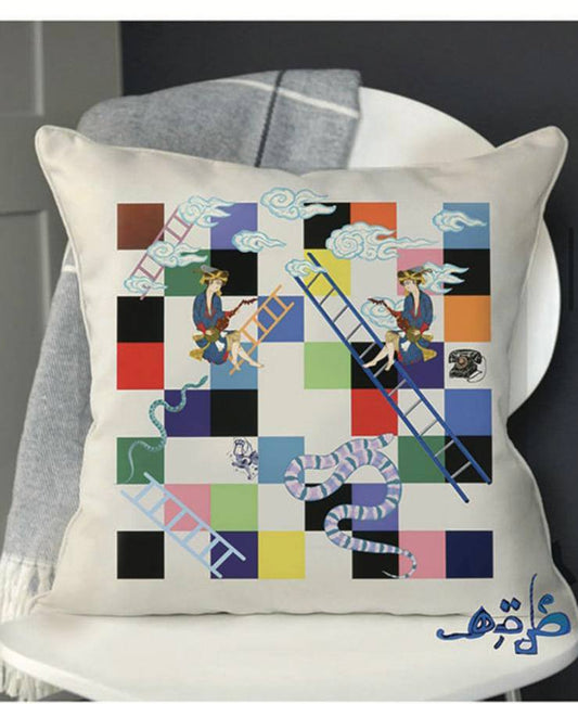 cushion with collaged picture.