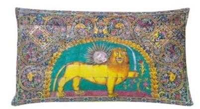 cushion with colorful pattern and lion in center.
