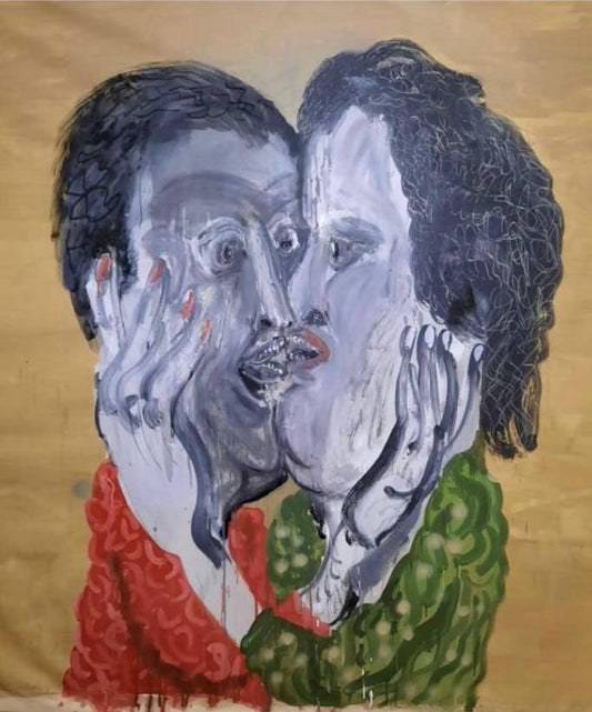 Expressionism painting with ochre background. two gray face persons with green and red shirt is kissing.   