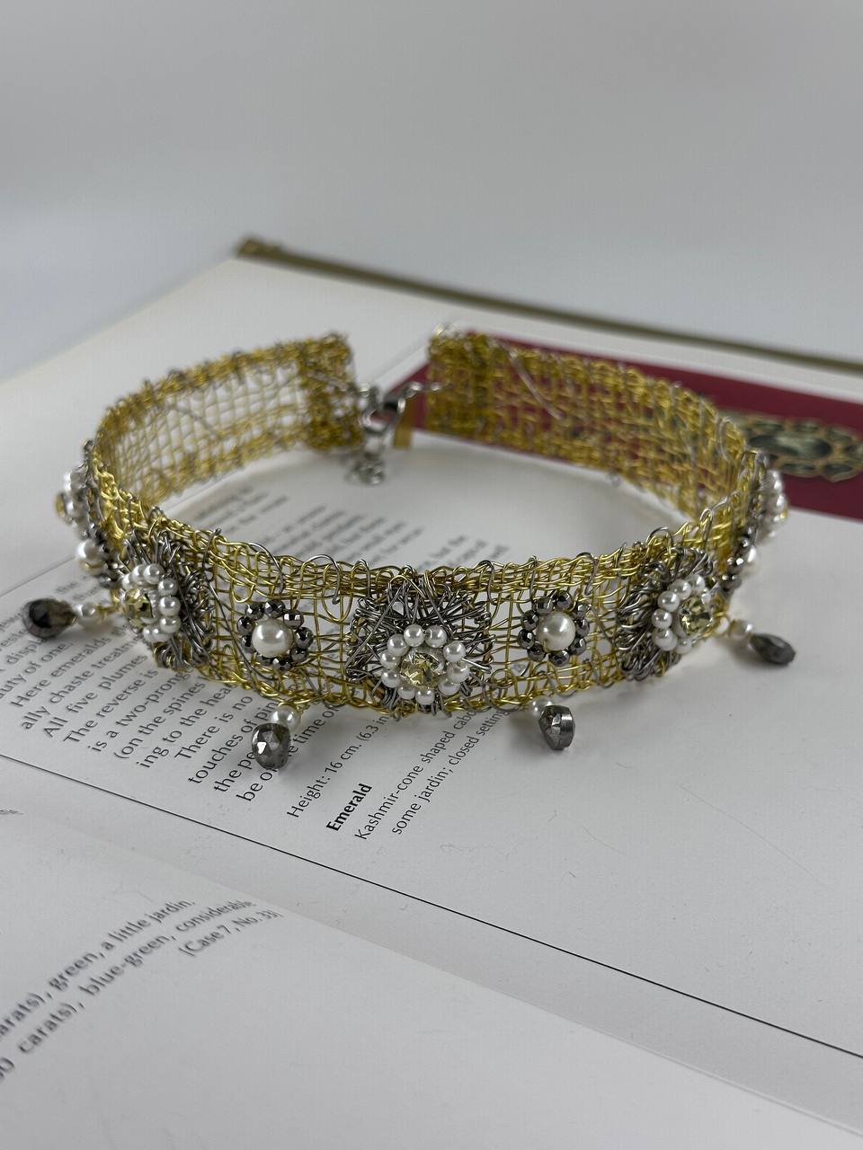 Artisan Brass Necklace with Hematite, Swarovski & Pearls by Sareh Ghomi