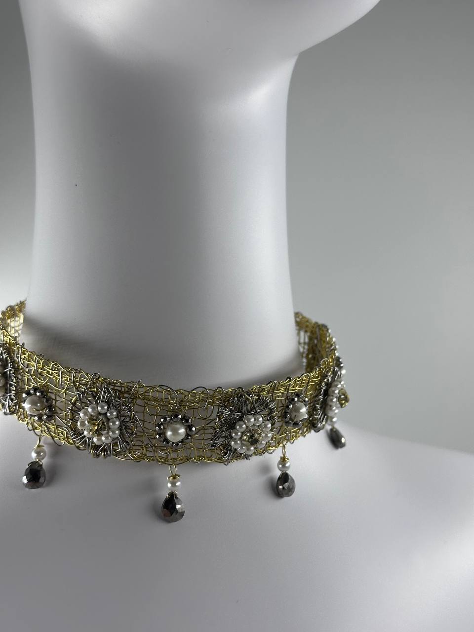 Artisan Brass Necklace with Hematite, Swarovski & Pearls by Sareh Ghomi