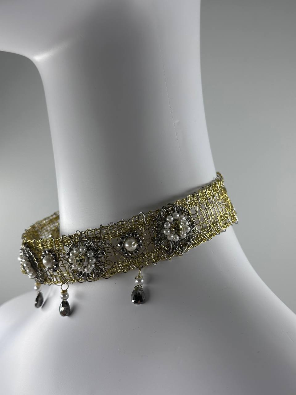 Artisan Brass Necklace with Hematite, Swarovski & Pearls by Sareh Ghomi