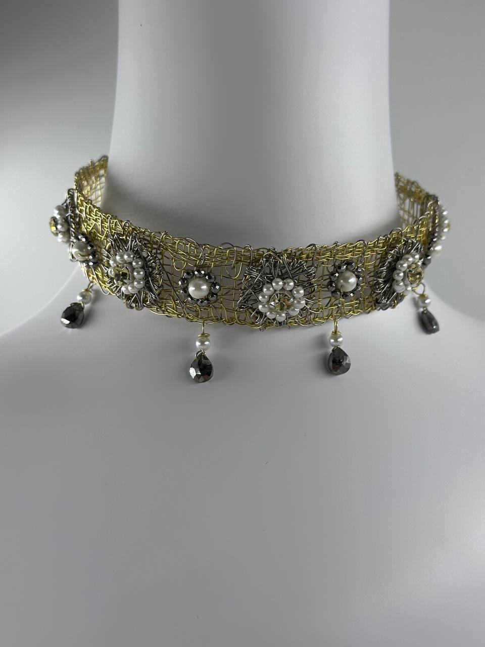 Artisan Brass Necklace with Hematite, Swarovski & Pearls by Sareh Ghomi