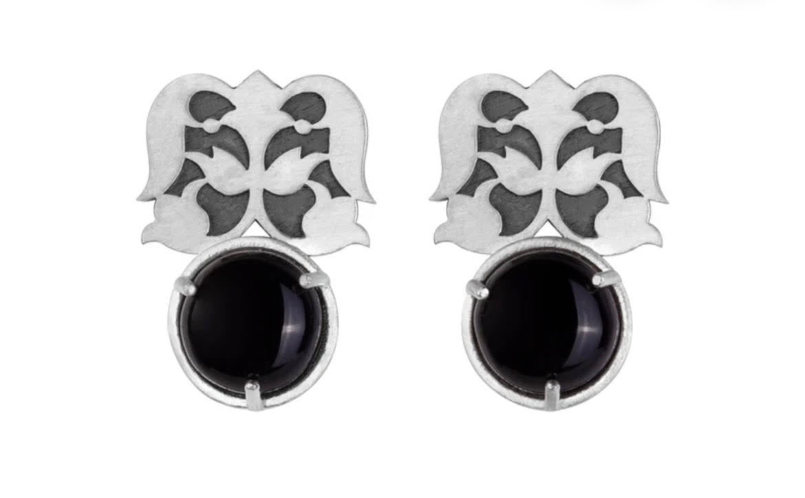 Silver Flower Stud Earrings with Gemstone by Zargoon Design