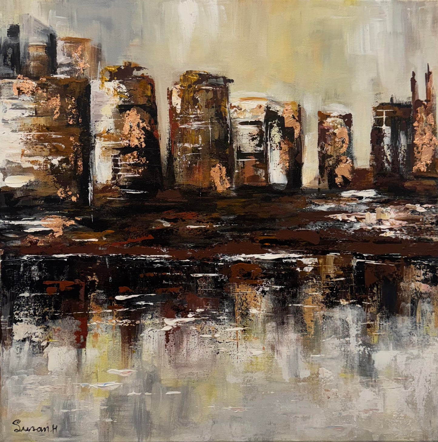 "City of upright instruments" painting by Susan Hashemi - Oil Painting/Acrylic Painting (H: 20 in × W: 20 in)